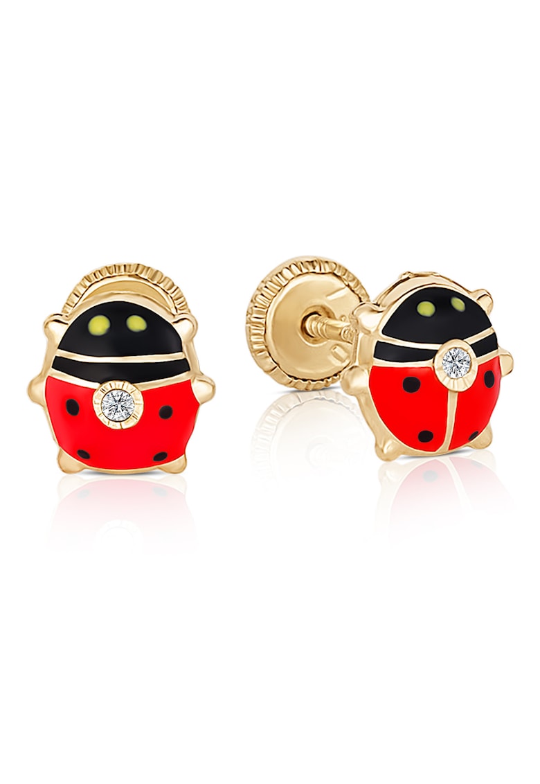 Cercei cu Protectie pentru Copii din Aur Galben de 18K cu Diamante de 0.05ct - Buburuza -