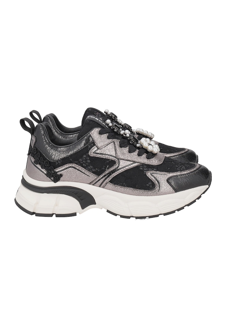 Pantofi sport cu aplicatii cu perle sintetice - Negru/Argintiu
