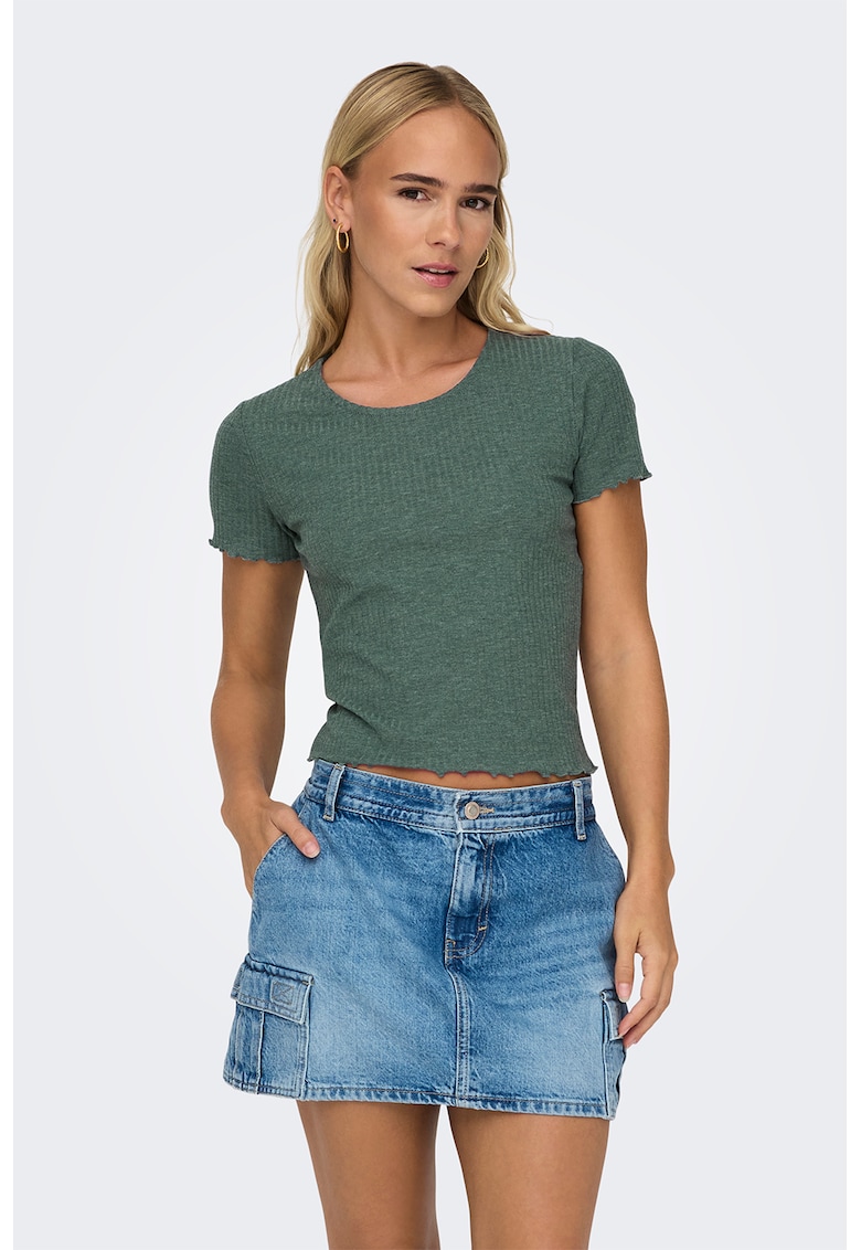 Tricou crop cu croiala slim-fit si aspect striat