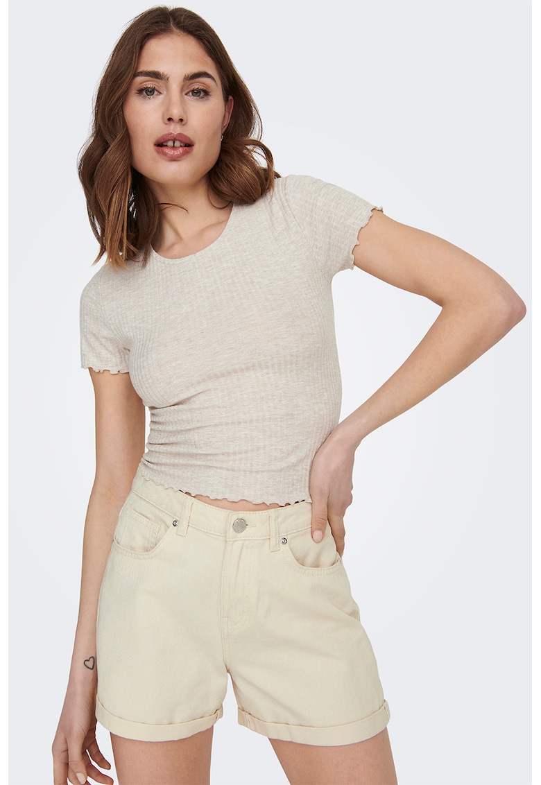 Tricou crop cu croiala slim-fit si aspect striat