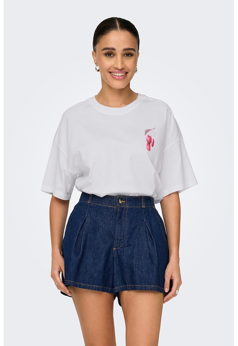 Tricou din bumbac organic cu imprimeu si maneci cazute