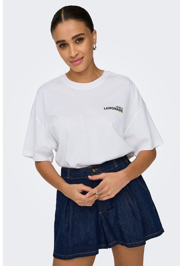 Tricou din bumbac organic cu imprimeu si maneci cazute