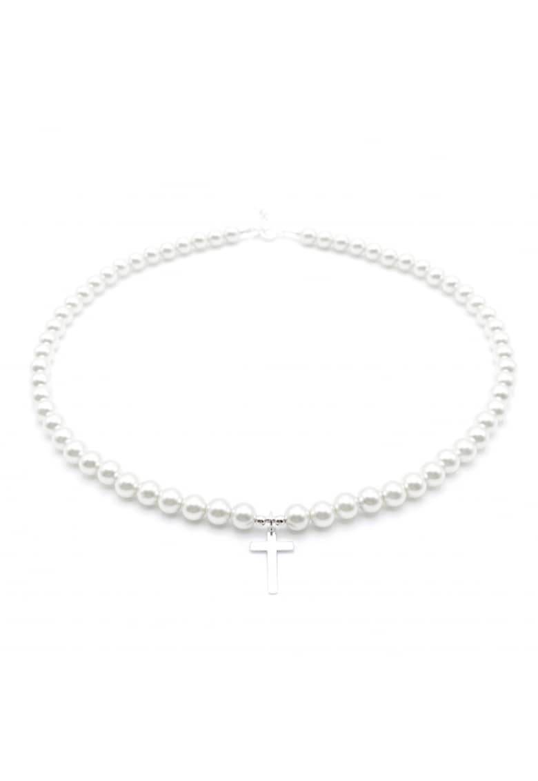 Colier cu Perle Preciosa albe si pandantiv Cruce din Argint 925 - reglabil 39-42 cm - perle 6mm - dama