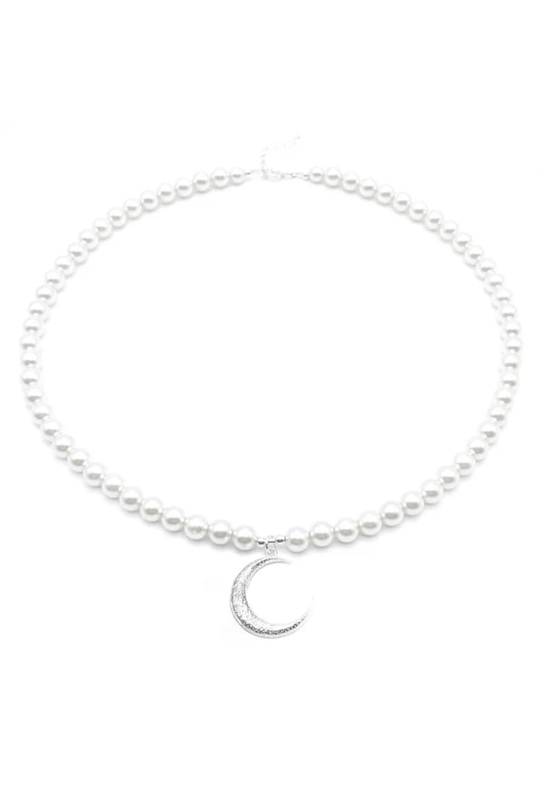 Colier cu Perle Preciosa albe si pandantiv Semiluna din Argint 925 - reglabil 39-42 cm - perle 6mm - dama