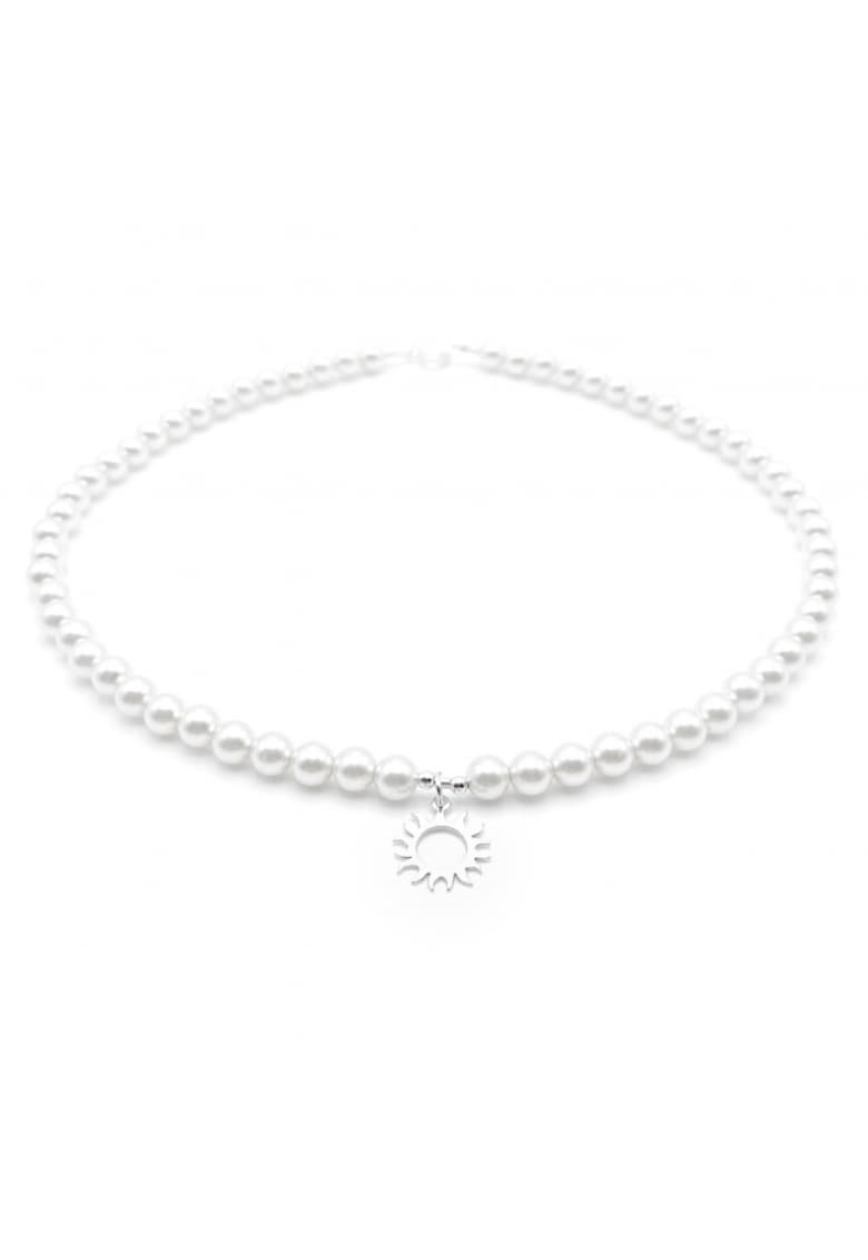 Colier cu Perle Preciosa albe si pandantiv Soare din Argint - reglabil 39-42 cm - perle 6mm - dama