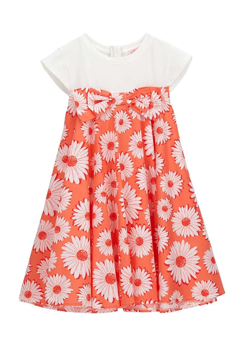 Rochie evazata cu model floral si aplicatie cu funda