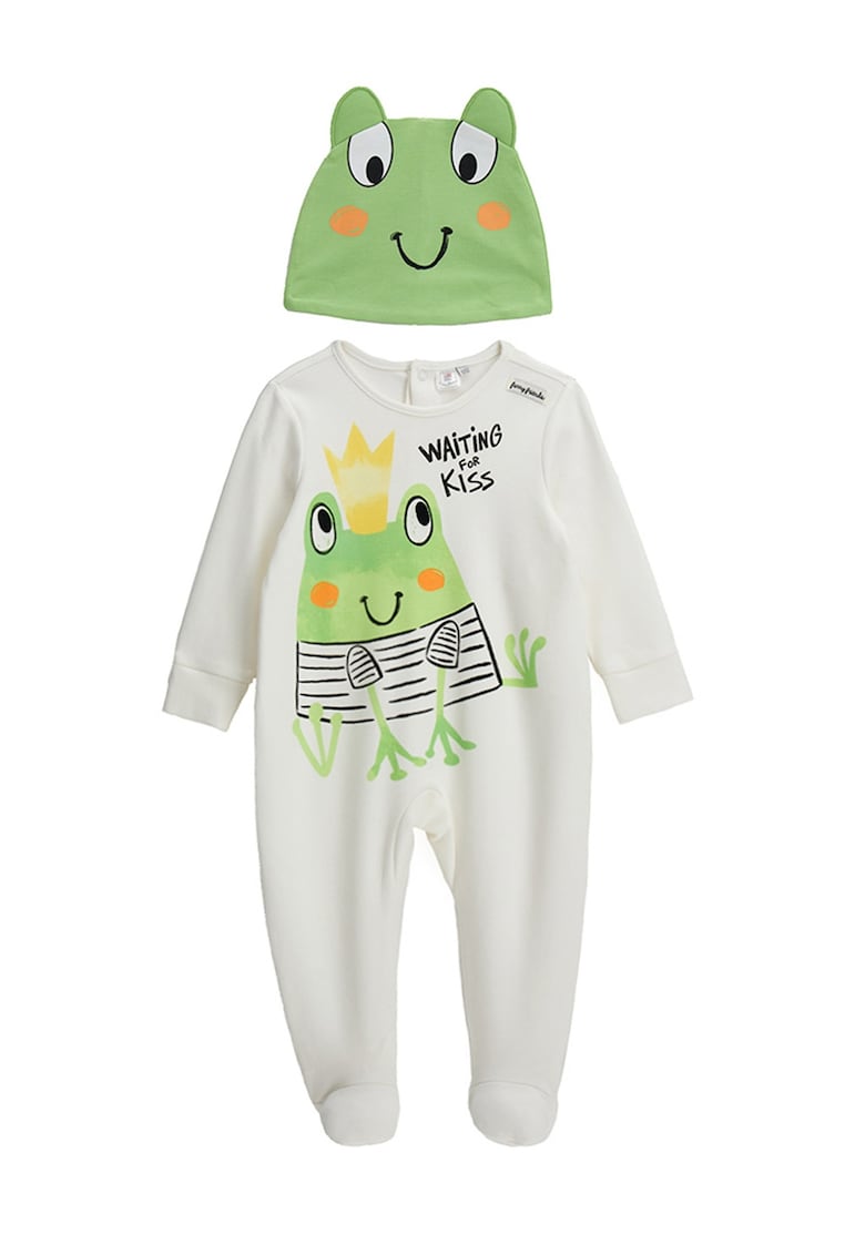 Set de salopeta cu botosei si caciula cu imprimeu cu broasca