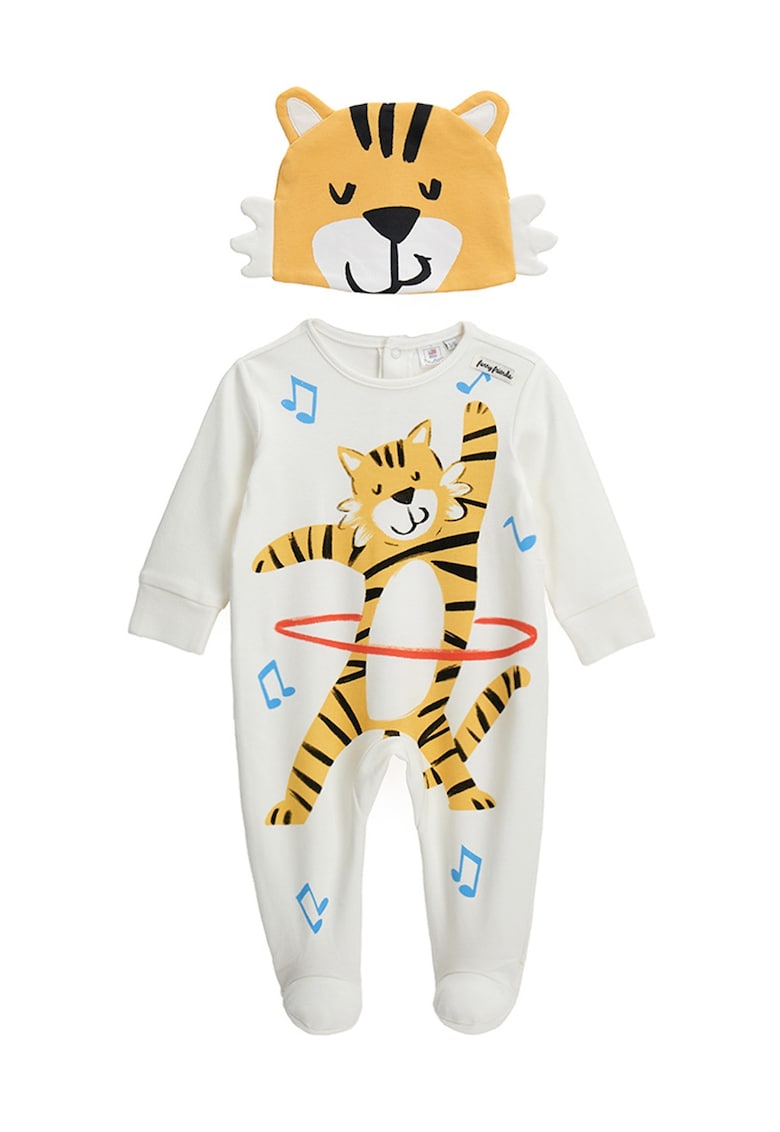 Set de salopeta cu imprimeu si maneci lungi si caciula - 2 piese