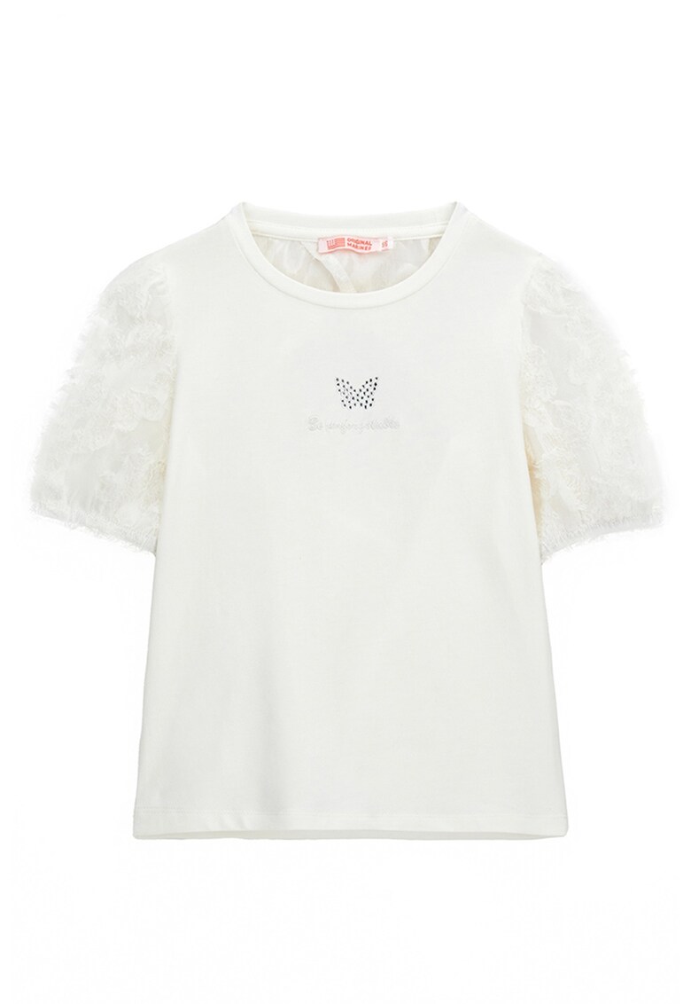 Tricou din amestec de bumbac cu decolteu la baza gatului - Alb fildes