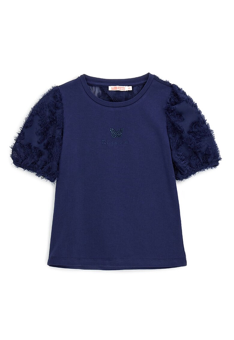 Tricou din amestec de bumbac cu decolteu la baza gatului - Bleumarin