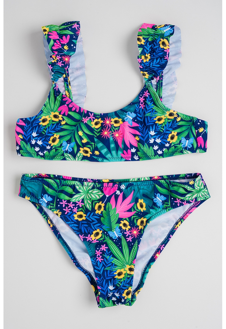 Costum de baie din doua piese cu model tropical - Verde/Roz/Bleumarin