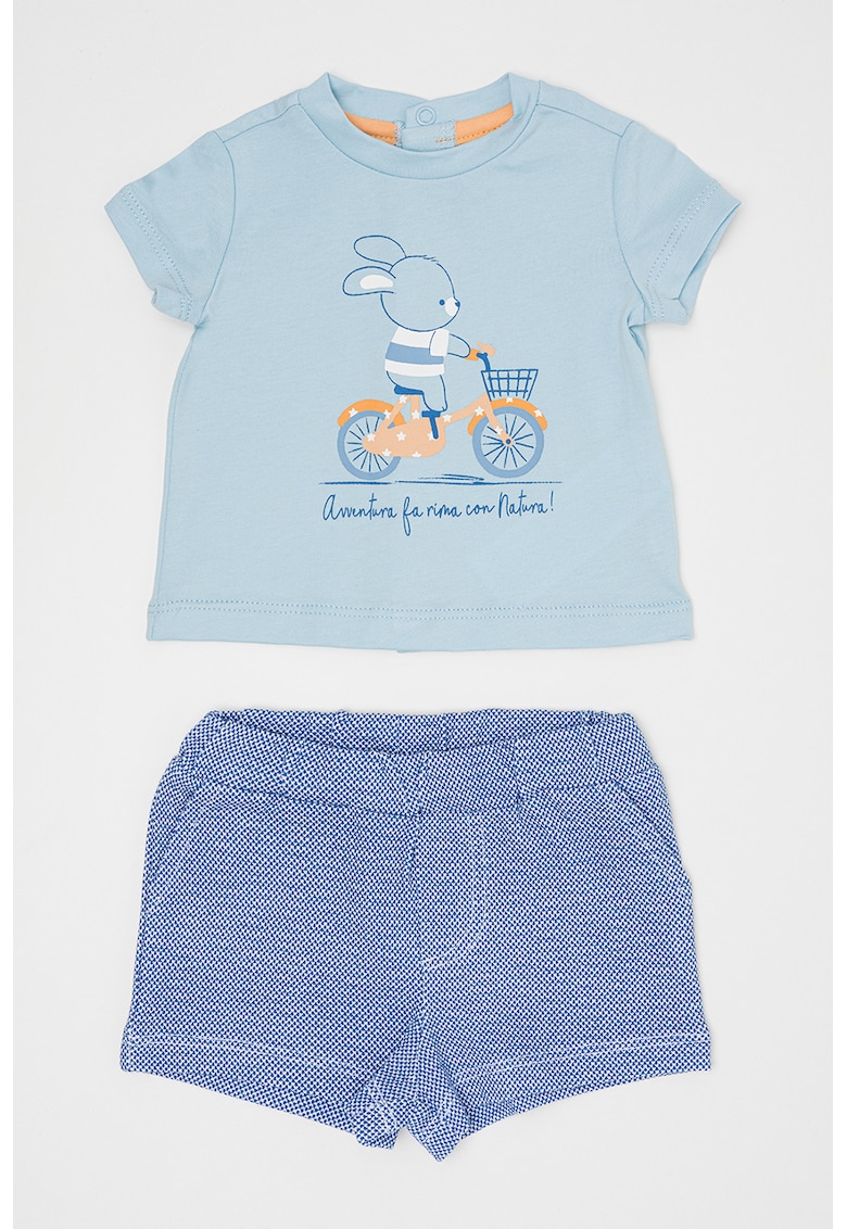 Set de tricou de bumbac si pantaloni scurti - 2 piese - Alb/Albastru deschis