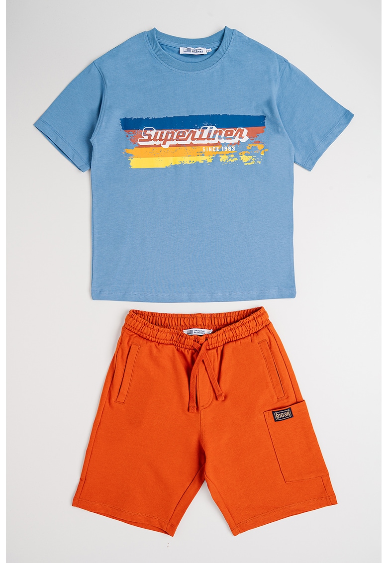Set de pantaloni scurti si tricou de bumbac - 2 piese - Albastru prafuit/Portocaliu stins
