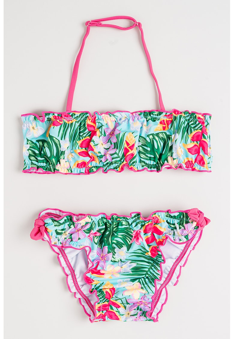 Costum de baie din doua piese cu model tropical - Fucsia/Albastru aquamarin/Verde deschis