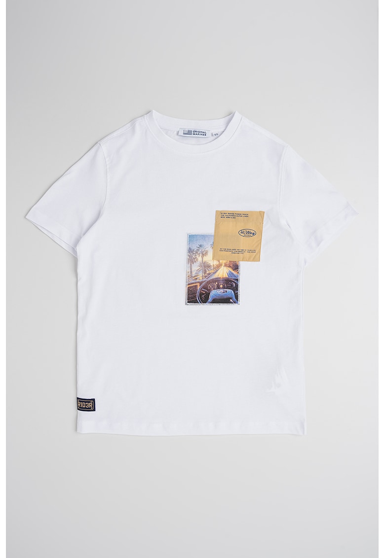 Tricou de bumbac cu aplicatii grafice - Alb/Bej/Albastru