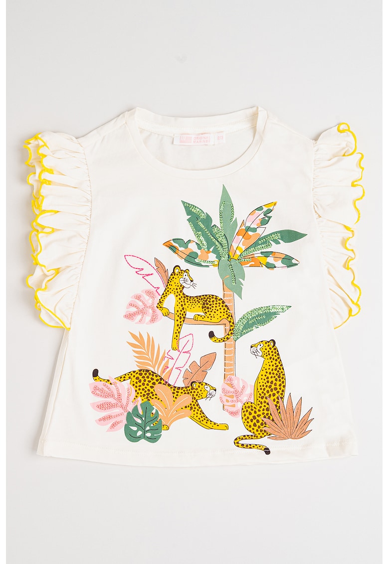 Tricou cu imprimeu grafic si maneci cu volane - Roz deschis/Verde deschis/Alb murdar