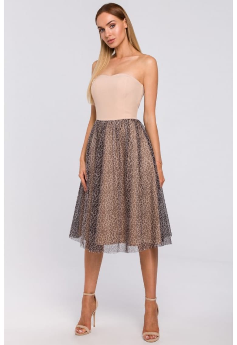 Rochie corset cu tul animal print - - Bej