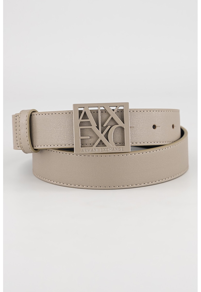 Curea din piele ecologica cu catarama cu logo si nit - Negru/Maro taupe deschis