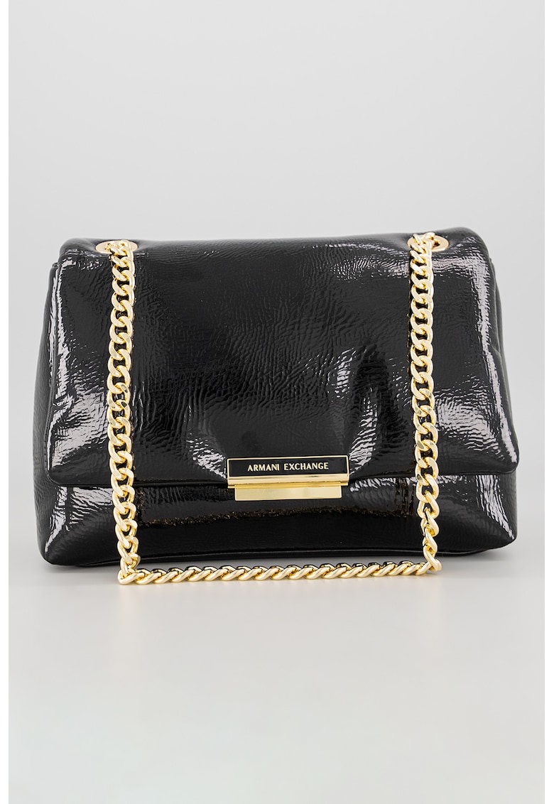 Geanta din piele ecologica cu bareta de umar si aspect lacuit