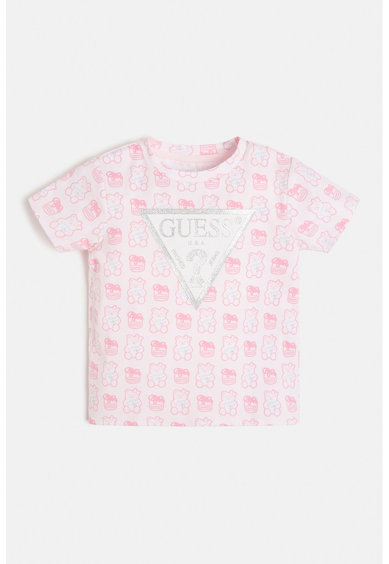 Guess Kids Tricou cu imprimeu si decolteu la baza gatului - Roz pastel/Alb optic