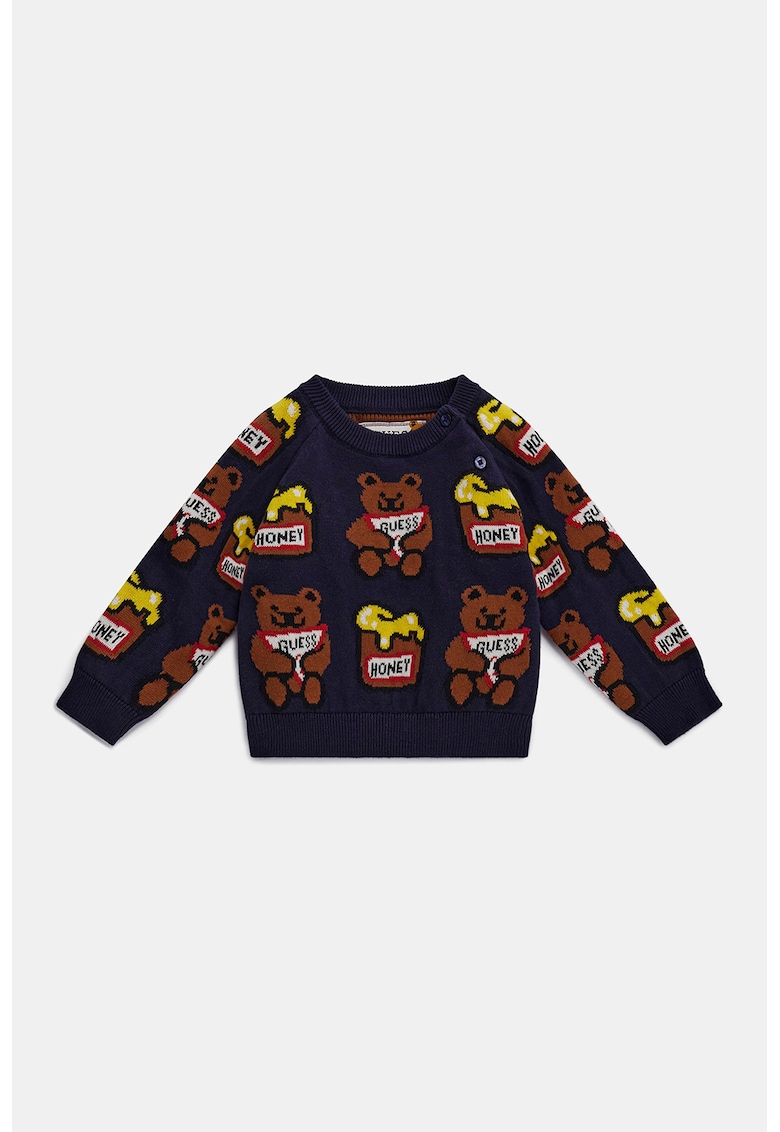 Pulover cu decolteu la baza gatului si imprimeu - Maro/Albastru ultramarin/Galben sofran