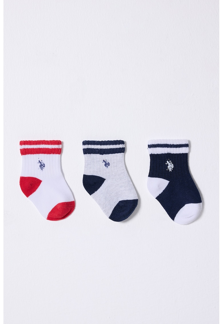 US POLO ASSN Set de sosete scurte cu logo - 3 perechi - Albastru inchis/Alb murdar/Gri deschis melange