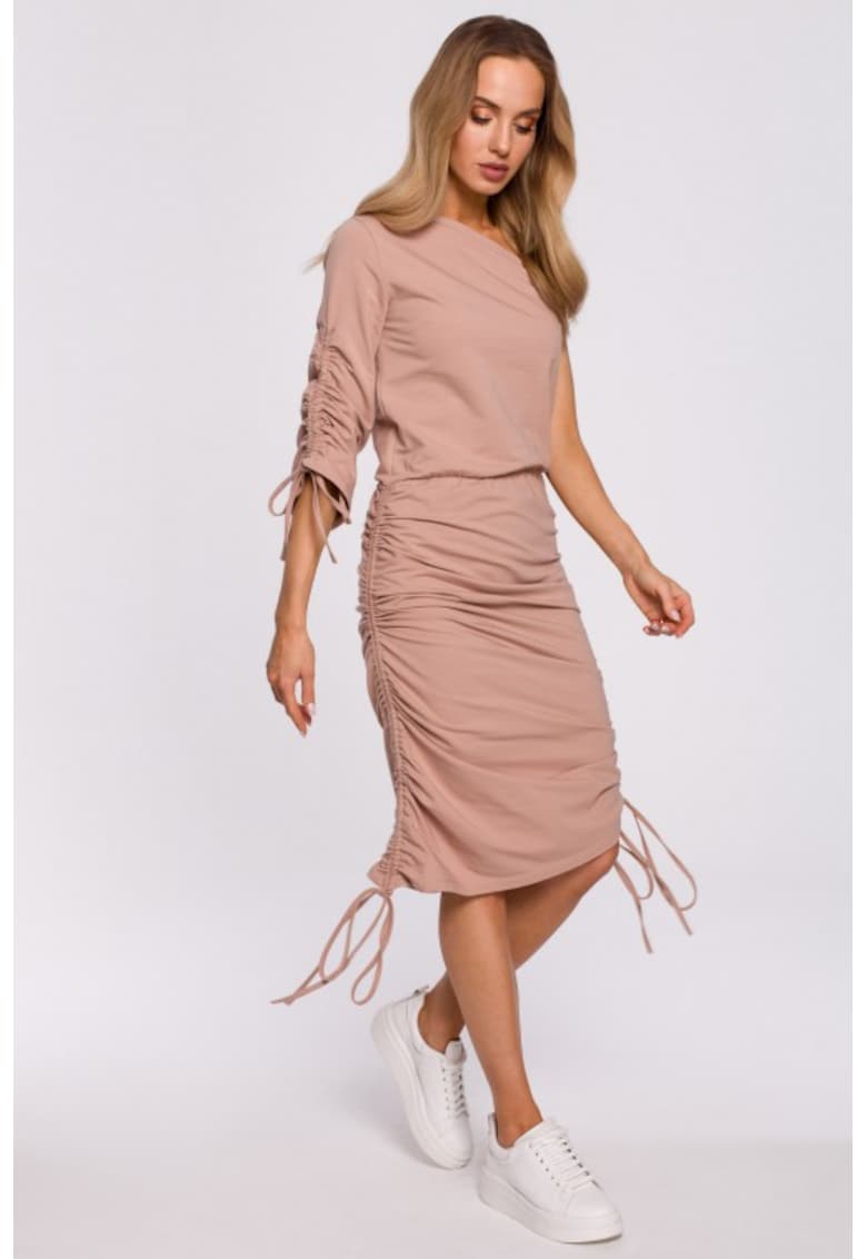 Rochie asimetrica - pe un umar -  Roz prafuit -