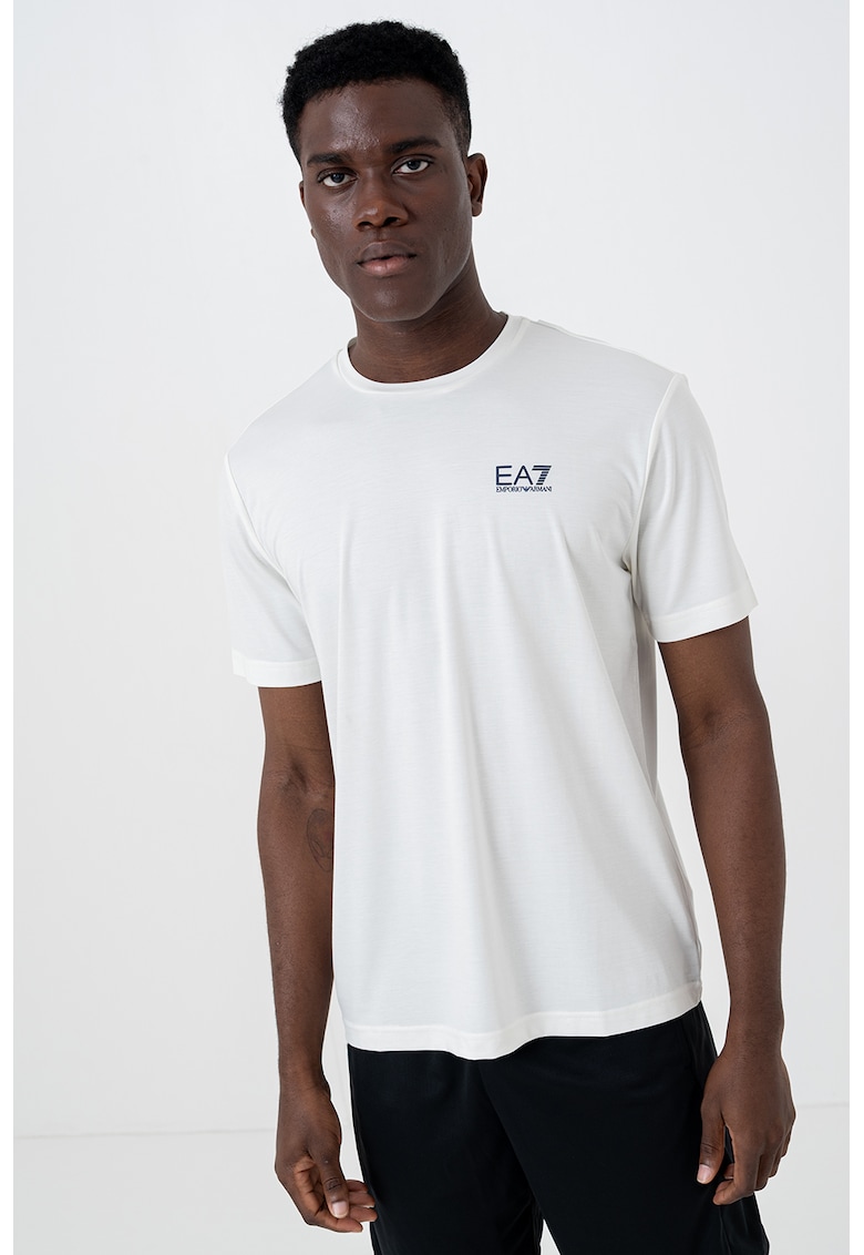 Tricou cu decolteu la baza gatului si detaliu logo - Alb