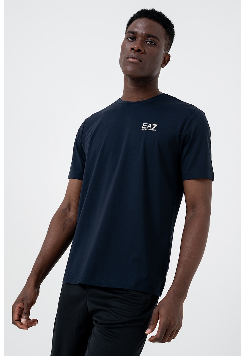 Tricou cu decolteu la baza gatului si detaliu logo - Bleumarin
