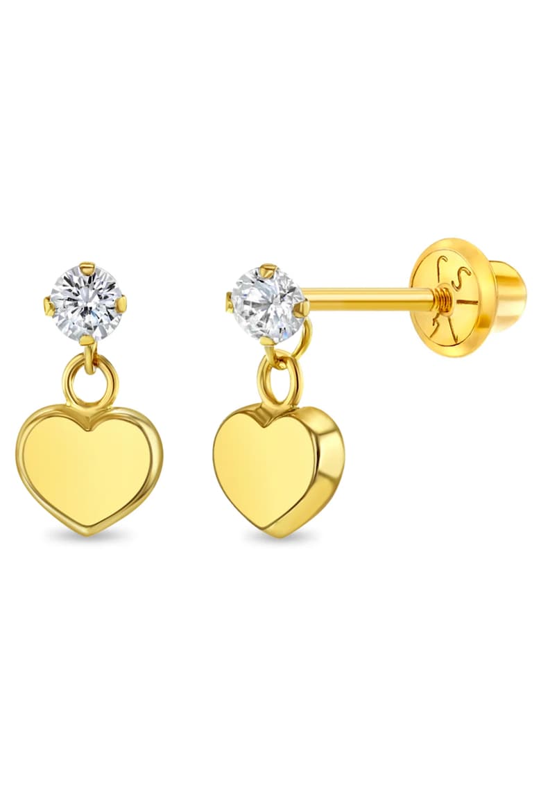 Cercei din Aur 14K pentru Bebelusi si Copii - model Heart Dangle cu Piatra CZ clara - inchidere cu Filet si Protectie