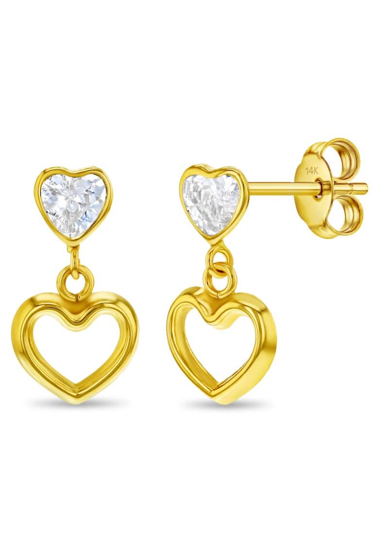 Cercei din Aur 14K pentru Adolescente - model Heart to Heart Dangle cu Piatra CZ clara - inchidere cu Fluturas