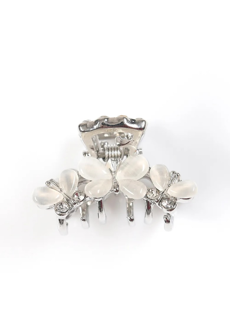 Cleste de par argintiu cu fluturi decorativi si cristale transparente