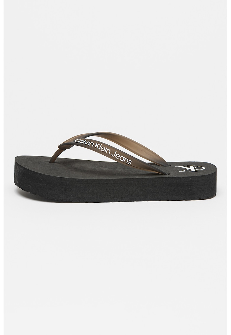 Papuci flip-flop cu talpa flatform si detaliu logo