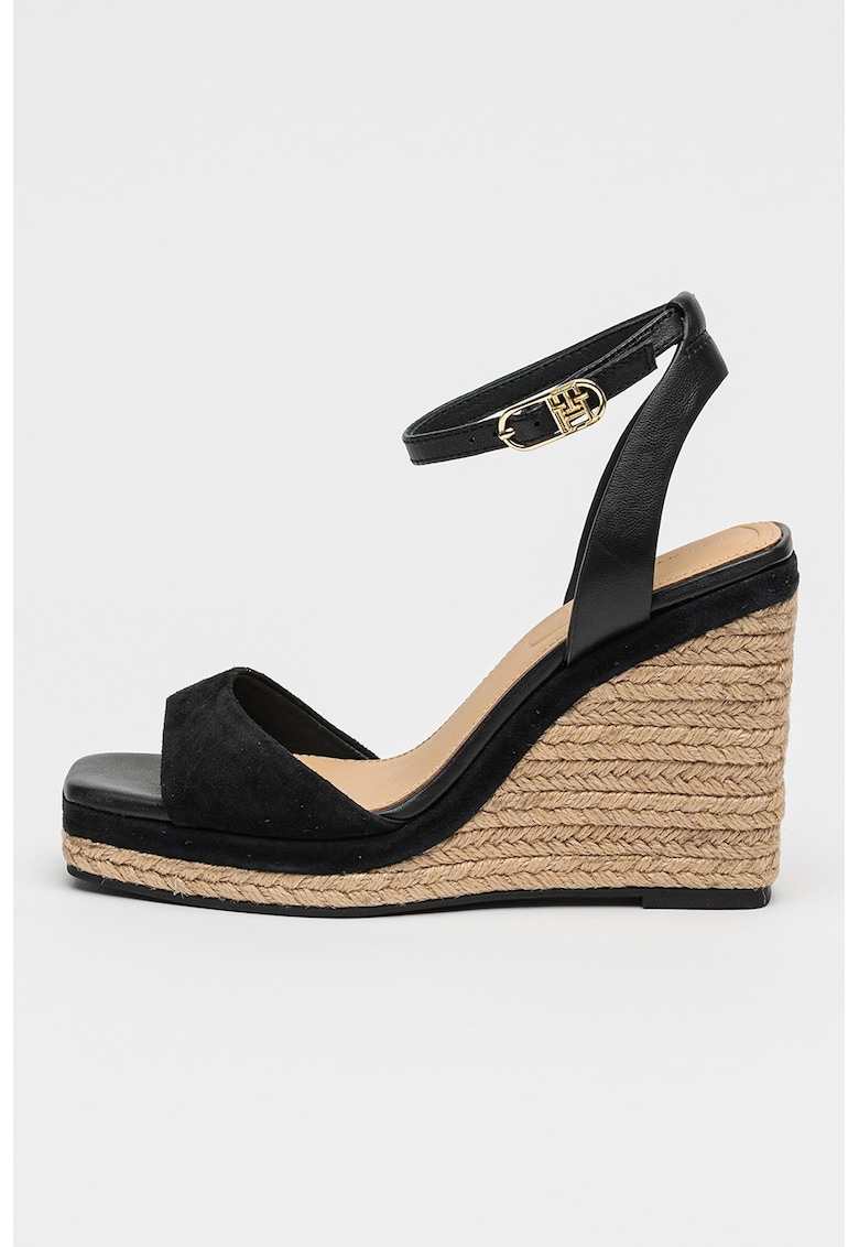 Sandale din piele si piele intoarsa cu talpa wedge