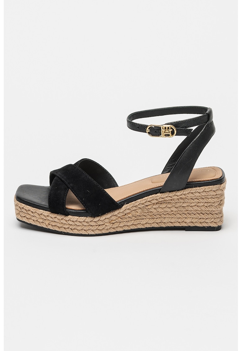 Sandale din piele si piele intoarsa cu talpa wedge