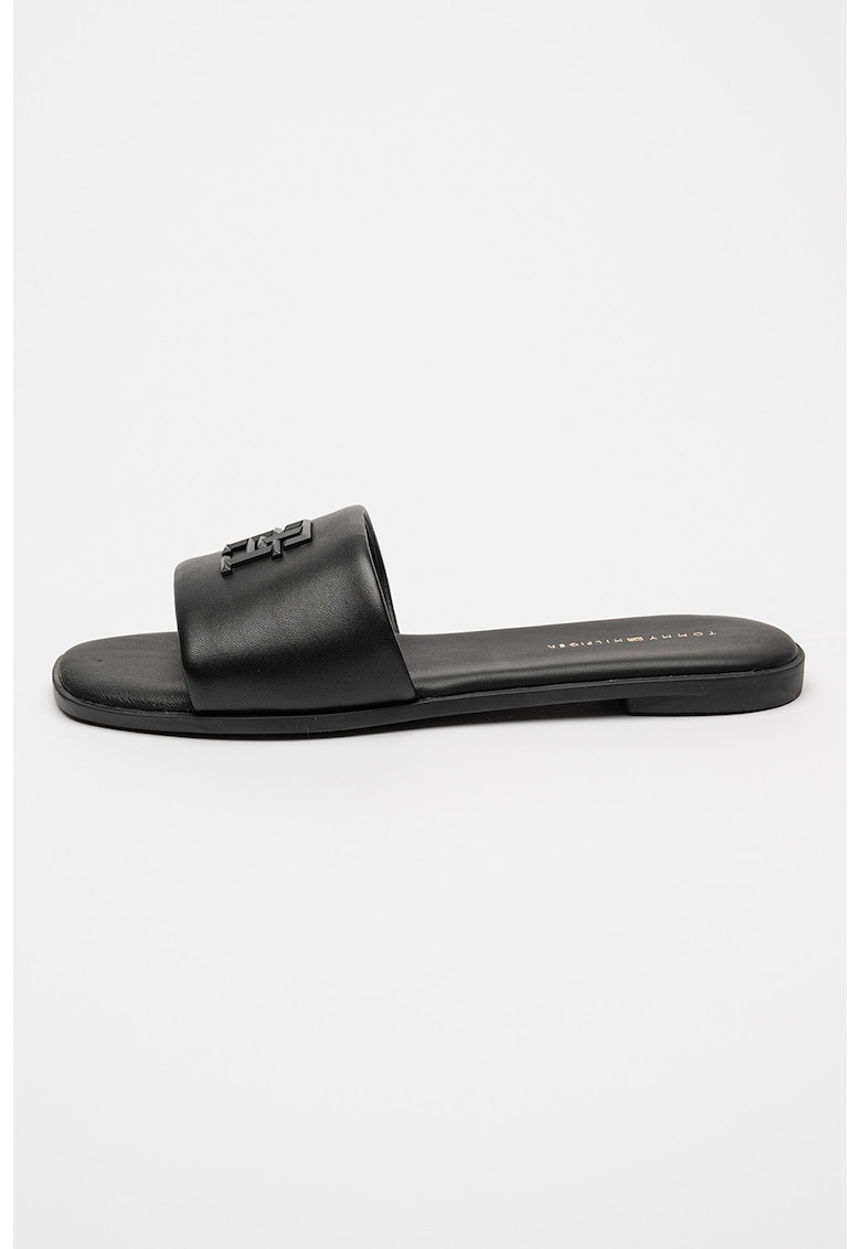 Papuci din piele cu logo metalic