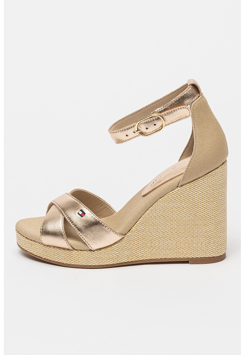 Sandale din piele cu talpa wedge si aspect metalizat