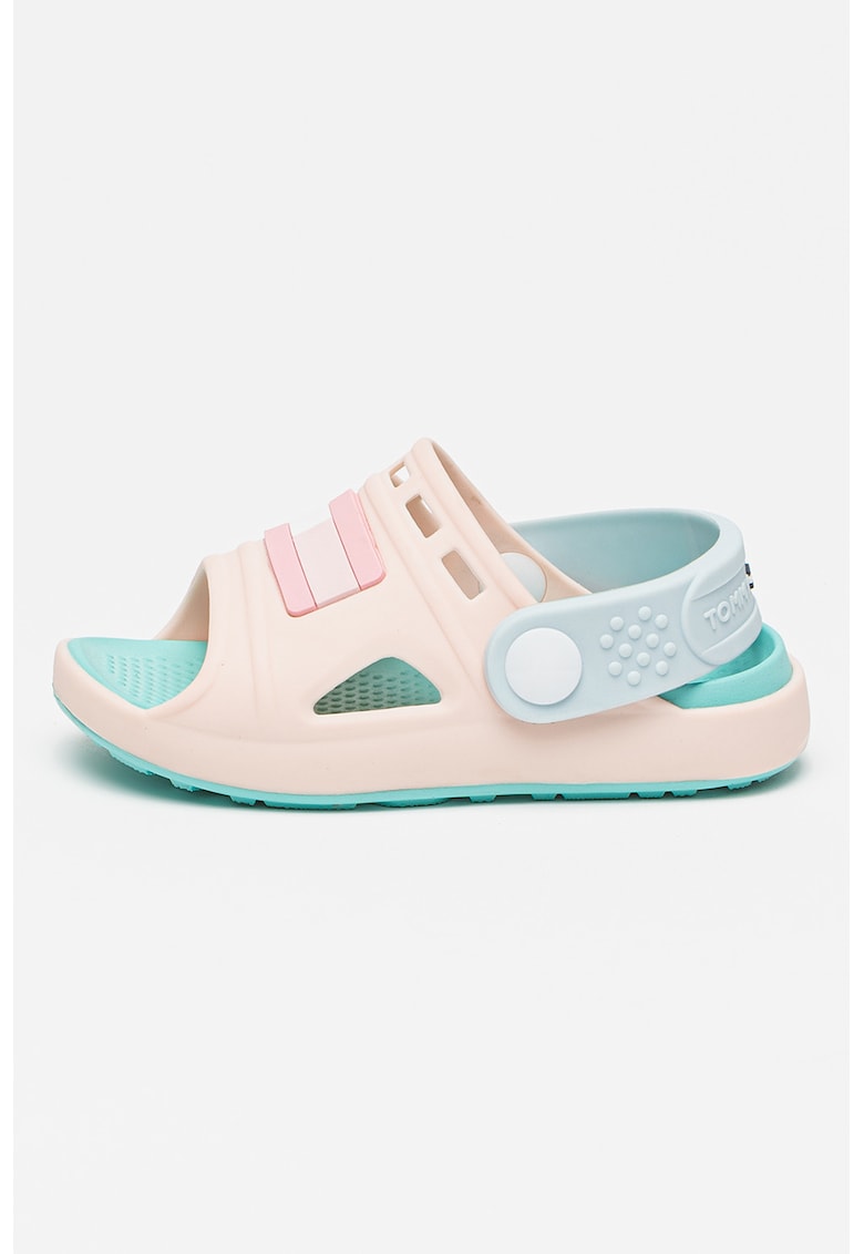 Sandale cu model colorblock si toc - Roz pal