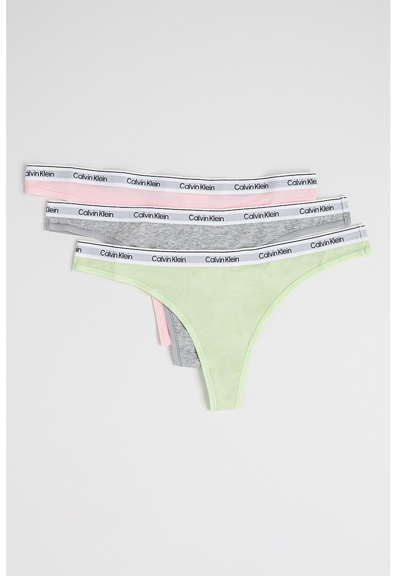 Set de chiloti tanga cu logo - 3 perechi - Roz pastel/Gri melange/Verde fistic