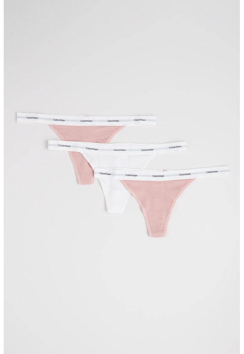 Set de chiloti tanga cu logo in talie - 3 perechi - Alb/Roz prafuit