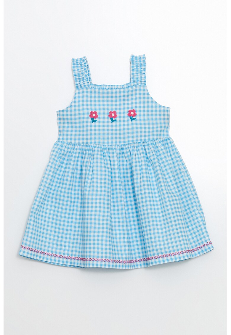 Rochie evazata cu model in carouri si broderie florala