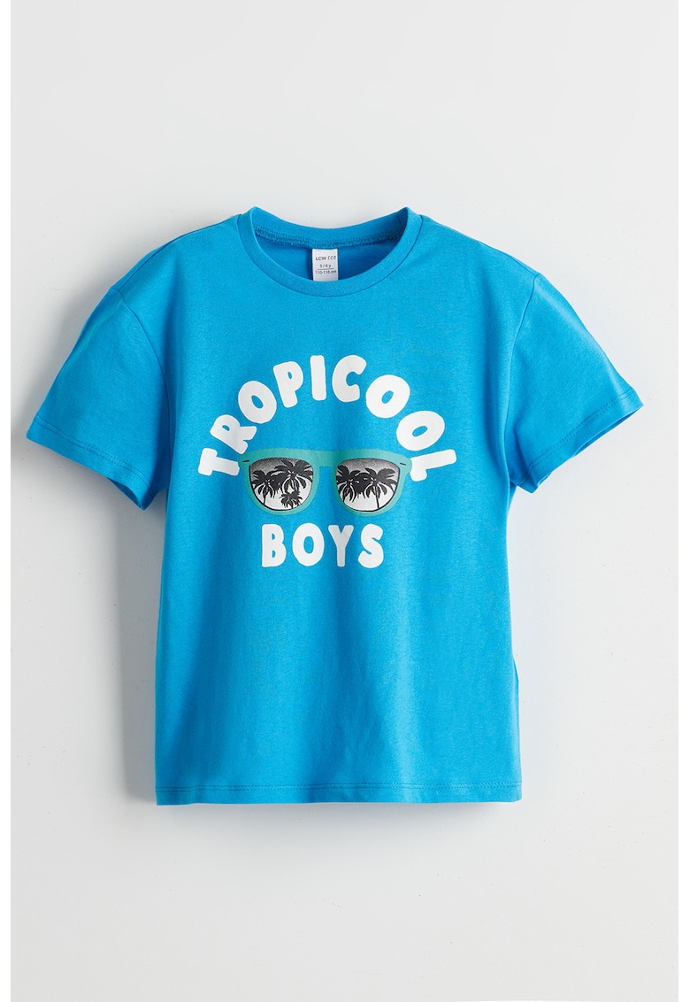 Tricou de bumbac cu imprimeu si decolteu la baza gatului