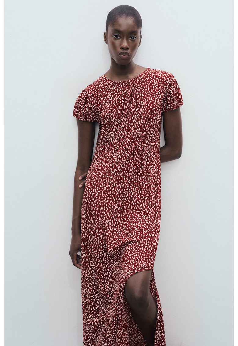 Rochie midi cu slit lateral - Visiniu/Alb fildes