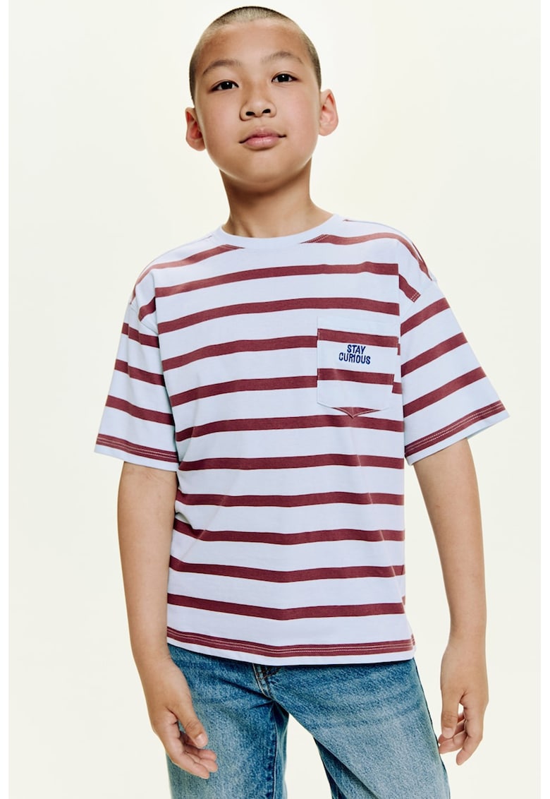 Tricou cu decolteu la baza gatului si dungi - Rosu inchis/Albastru deschis