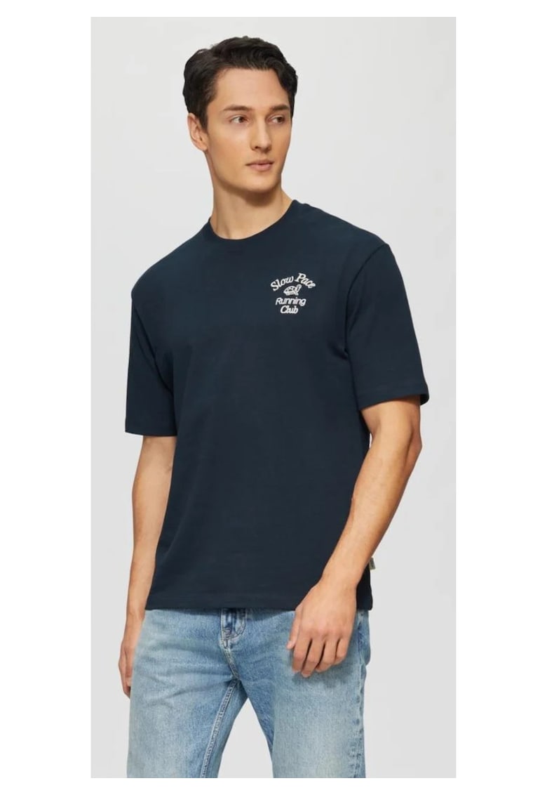 Tricou barbati cu decolteu la baza gatului - Regular fit - din jerse de bumbac - Bleumarin inchis -