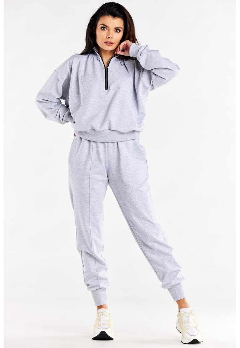 Pantaloni din bumbac cu talie medie si mansete elastice