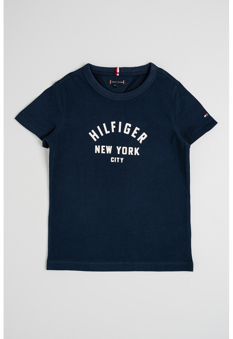 Tricou cu decolteu la baza gatului si imprimeu logo - Albastru inchis/Alb murdar