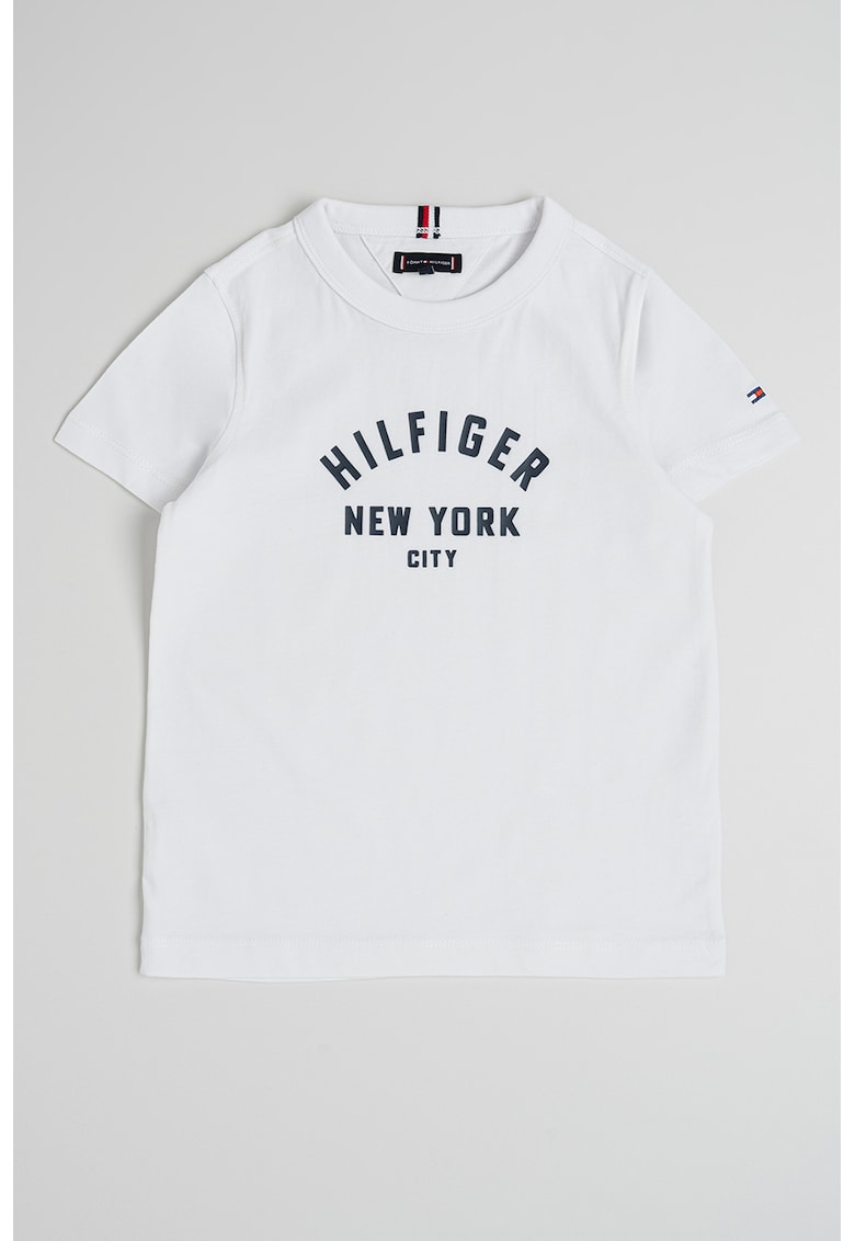 Tricou cu decolteu la baza gatului si imprimeu logo - Negru stins/Alb murdar