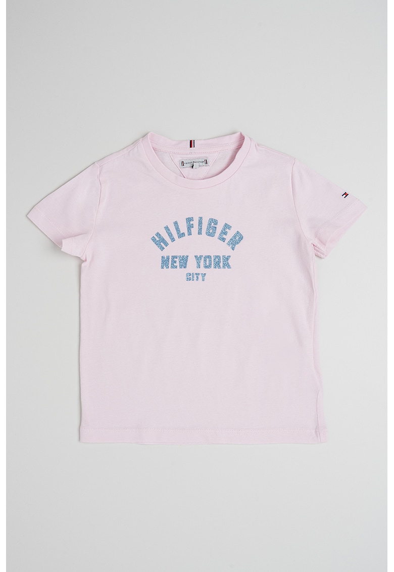 Tricou de bumbac cu imprimeu logo - Albastru inchis/Roz pastel