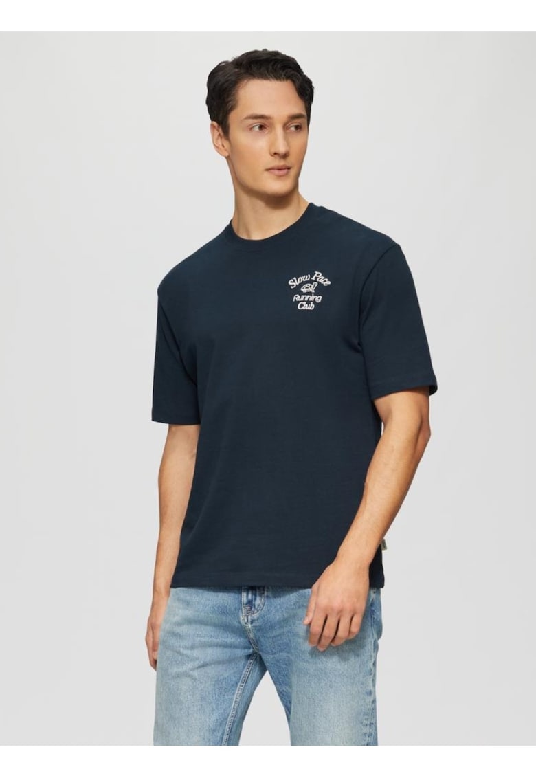 Tricou barbati cu decolteu la baza gatului - Regular fit - din jerse de bumbac - Bleumarin inchis -